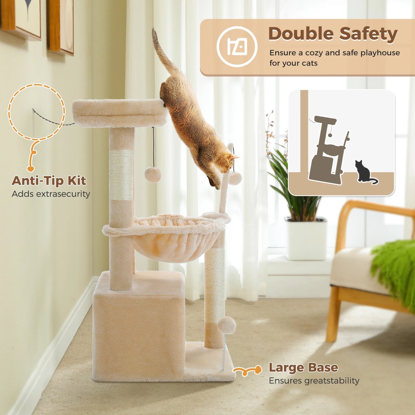 4-in-1 Cat Tree – Cat Condo, Hammock, Scratching Post & Top Perch