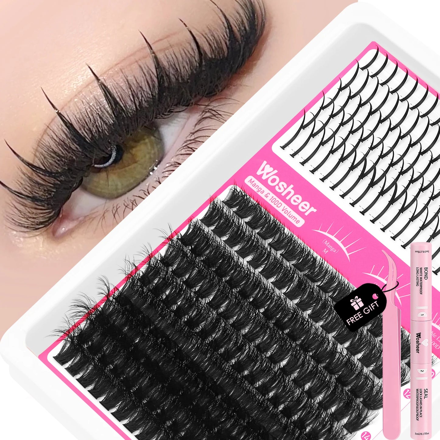 Kit de grappes de cils – Grappes de cils en pointe, volume, cils individuels, DIY – Extensions de cils style manga, effet piquant