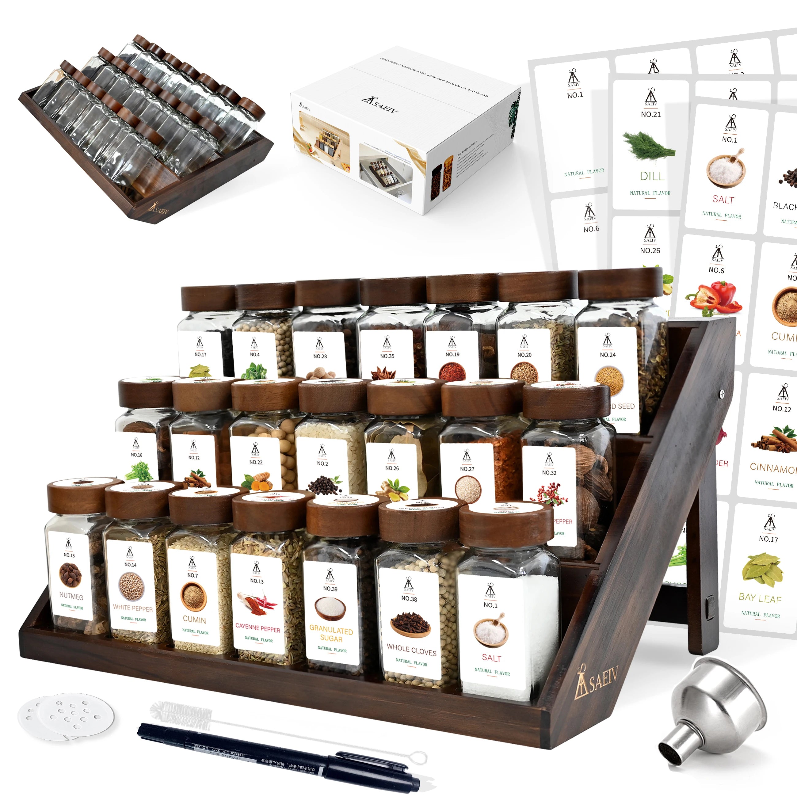 3-Tier Wooden Spice Rack with 12/21 Glass Spice Jars – Kitchen Storage Organizer