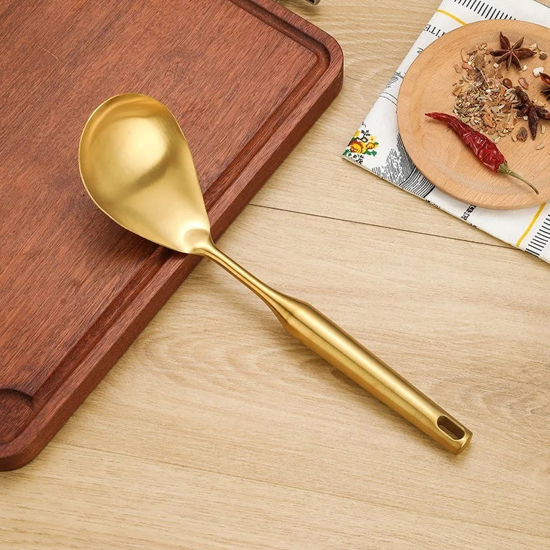 Gold Stainless Steel Soup Spoon Set (1–7 PCS) – Multifunction Noodle, Rice & Hot Pot Serving Spoon