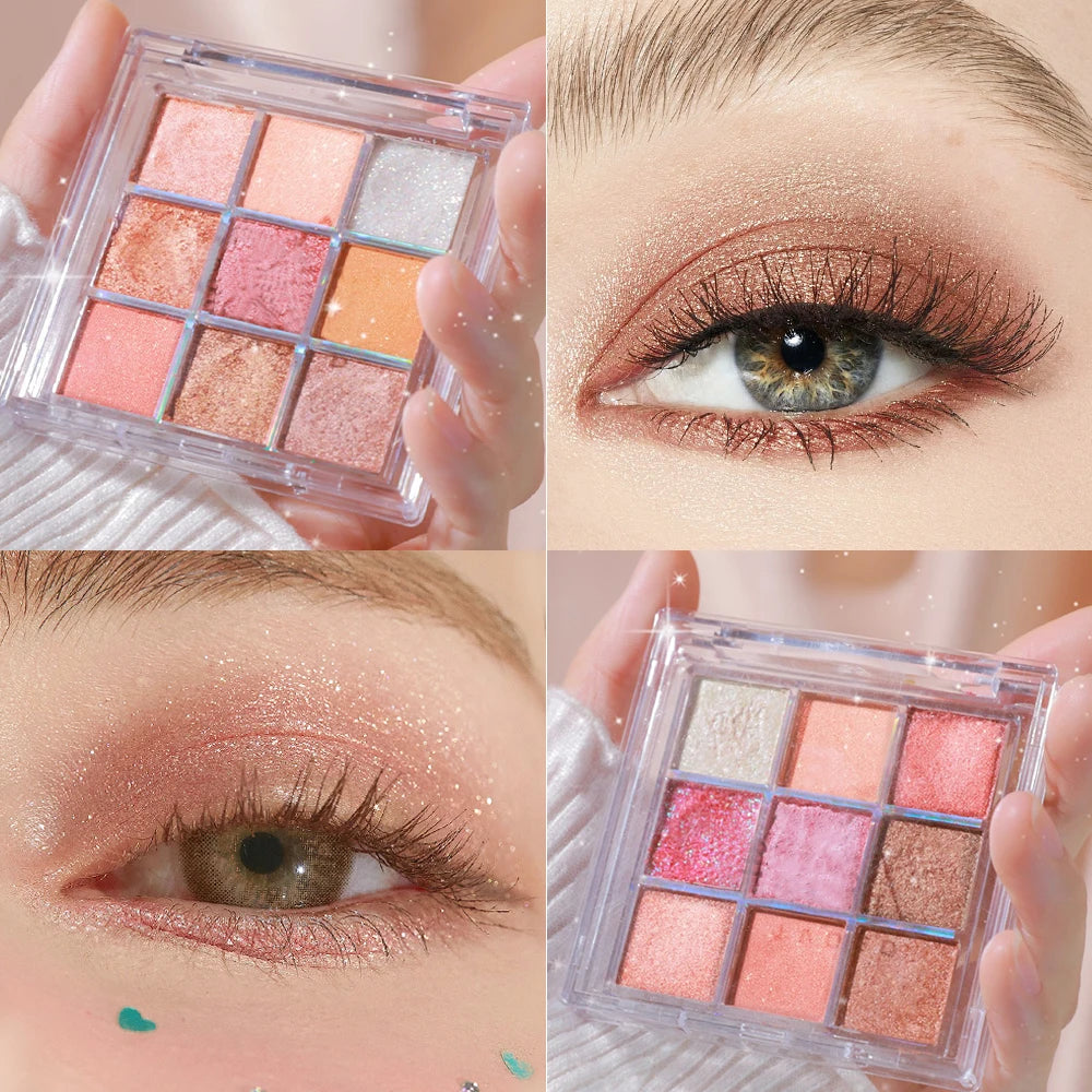 Palette de Fards à Paupières 9 Couleurs — Finitions Pailletées, Nacrées et Mattes, Palette Multi-Usage pour un Maquillage Complet des Yeux