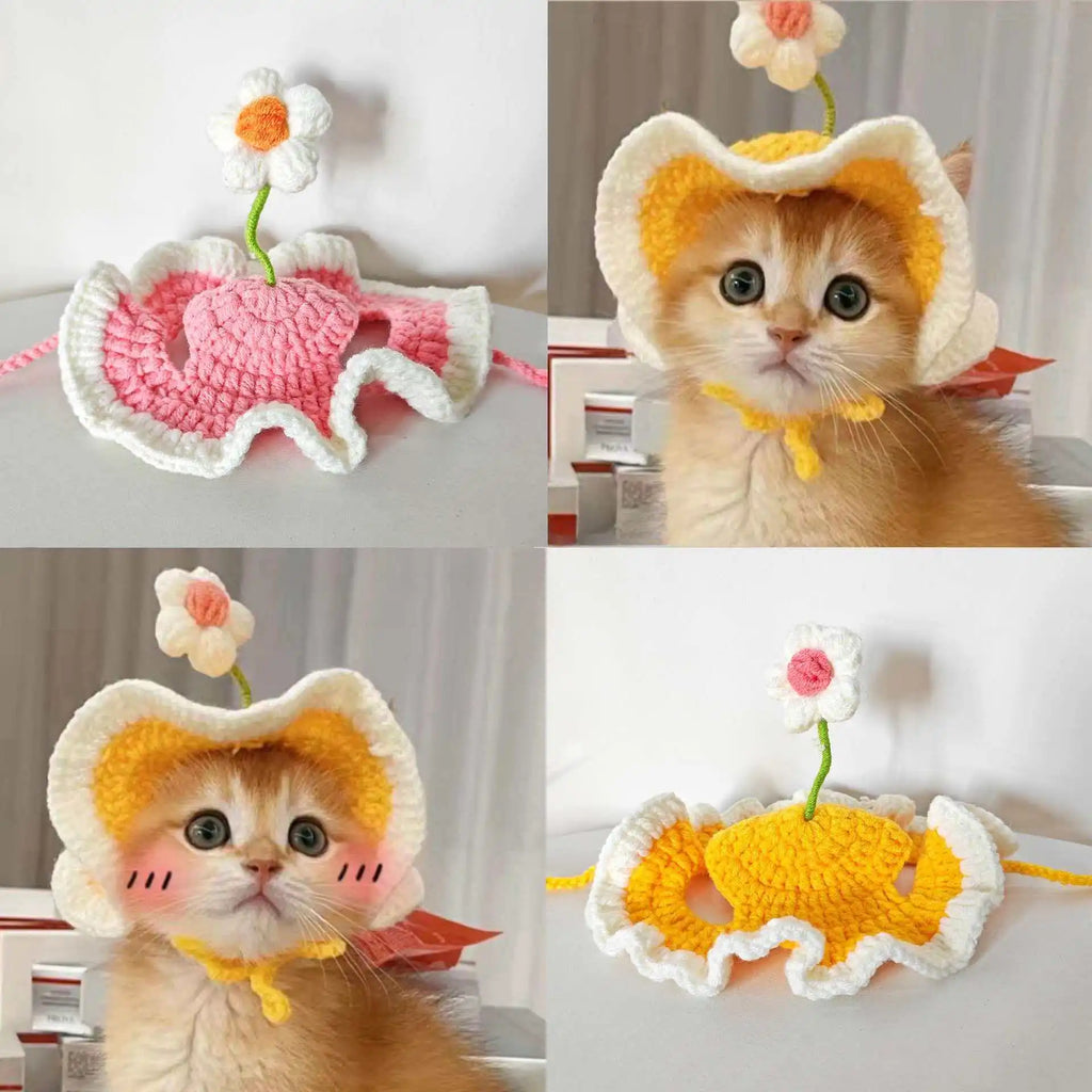Cute Flower Crochet Pet Hat – Knitted Cap for Cats & Small Dogs
