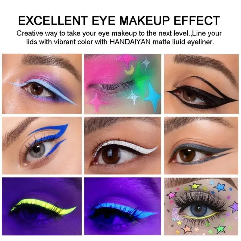 Eyeliner Néon UV — stylo liquide waterproof, fini mat, couleurs vives jaune, rouge et violet, maquillage yeux