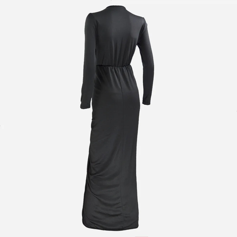 Robe Longue Femme Ajustée – Col V, Manches Longues