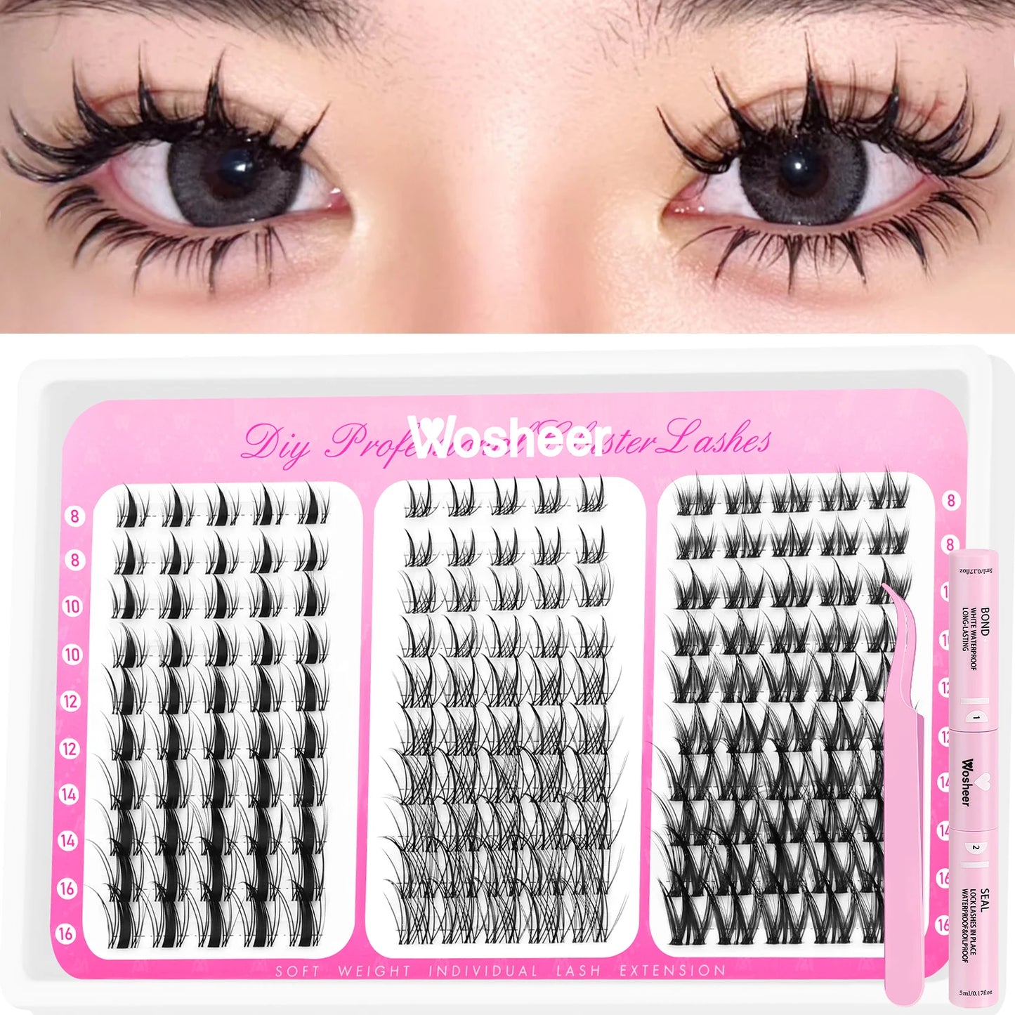 Kit de grappes de cils manga – Cils style Cat Eye avec colle et scellant, plateau mixte – Extensions de cils en grappes