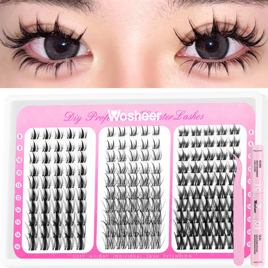 Kit de grappes de cils manga – Cils style Cat Eye avec colle et scellant, plateau mixte – Extensions de cils en grappes
