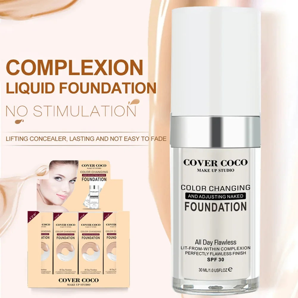 Fond de teint liquide longue tenue, couvrance légère et transparente, crème hydratante