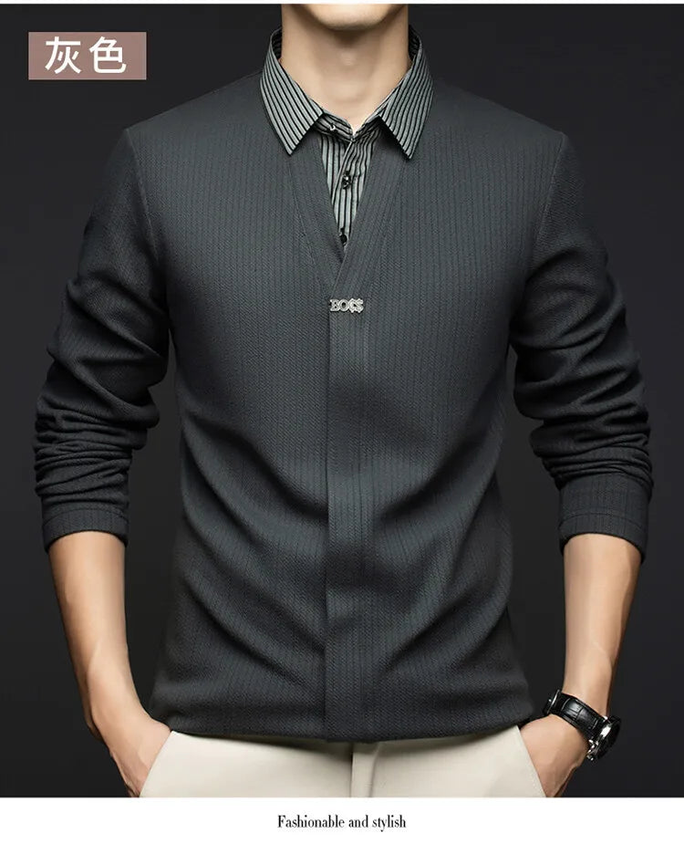 Pull en tricot à manches longues pour hommes, avec col de chemise tissé et chemisier en tricot, T-shirt à col, vêtements pour hommes, automne/hiver