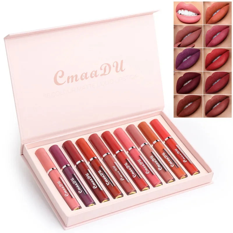 Coffret  10 pièces – Rouges à lèvres et gloss nude mats | Texture soyeuse et lisse | Tenue longue durée | Maquillage des lèvres élégant et durable