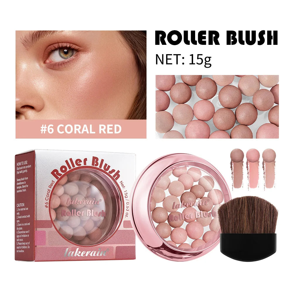 Blush Sphérique à Rouleau avec Pinceau — Maquillage Naturel, Longue Tenue, Fini Perlé, Pour Joues et Contour du Visage, Cosmétiques pour Femmes