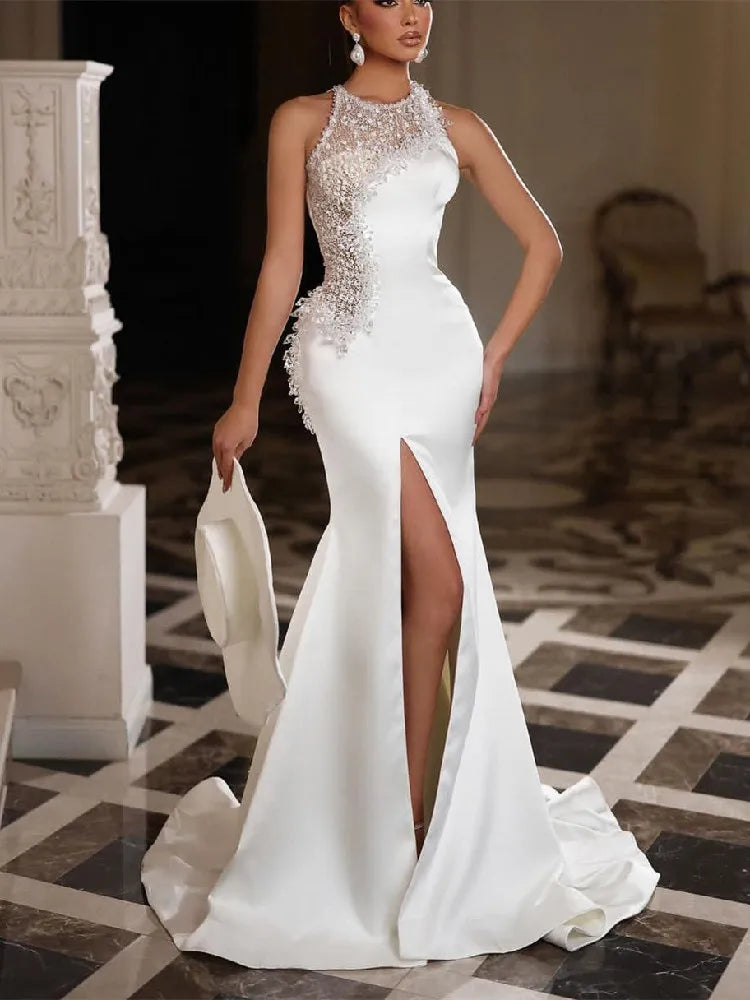Robe de soirée sirène élégante, sans manches, col haut, paillettes, dentelle, Satin, Appliques, fente Sexy, robe de bal perlée, personnalisée