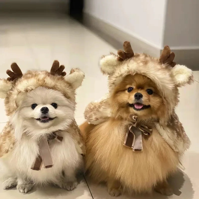 Christmas Reindeer Pet Cape with Hat – Warm Holiday Outfit for Dogs & Cats