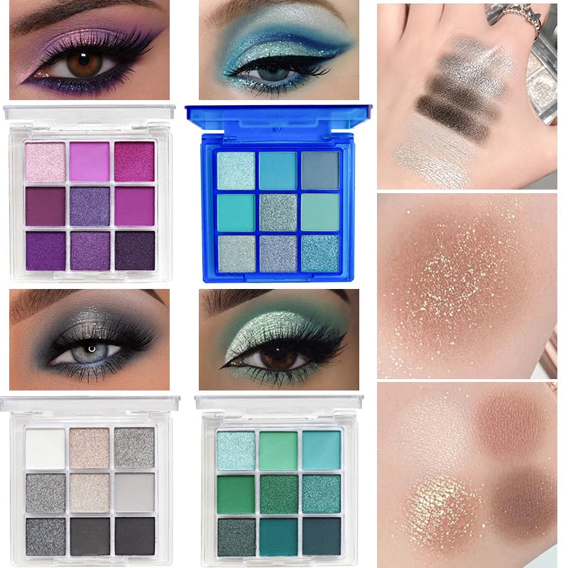 Palette fards à paupières 9 cases – Multicolore, pailleté, nacré et mat, scintillant et longue tenue, maquillage pour femmes