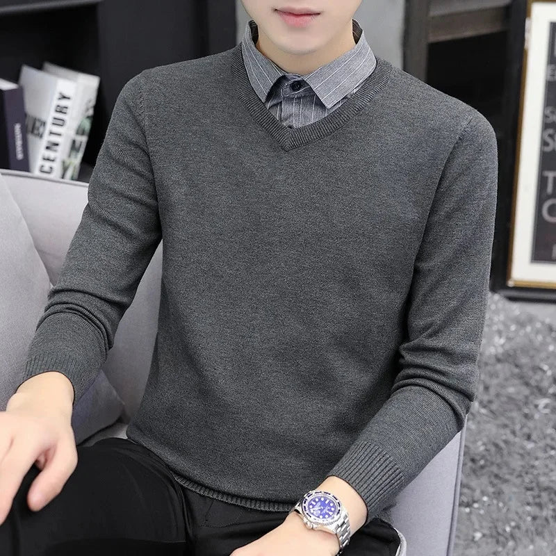 Pull tricoté élégant et ajusté pour hommes, faux deux pièces, col de chemise à la mode, automne hiver, modèle masculin aérien