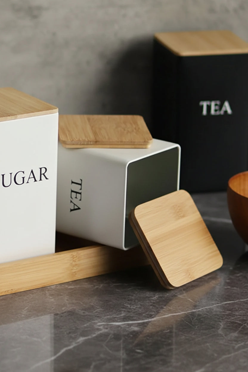 Coffee Bean Storage Jar with Bamboo Lid – Metal Tea & Sugar Container