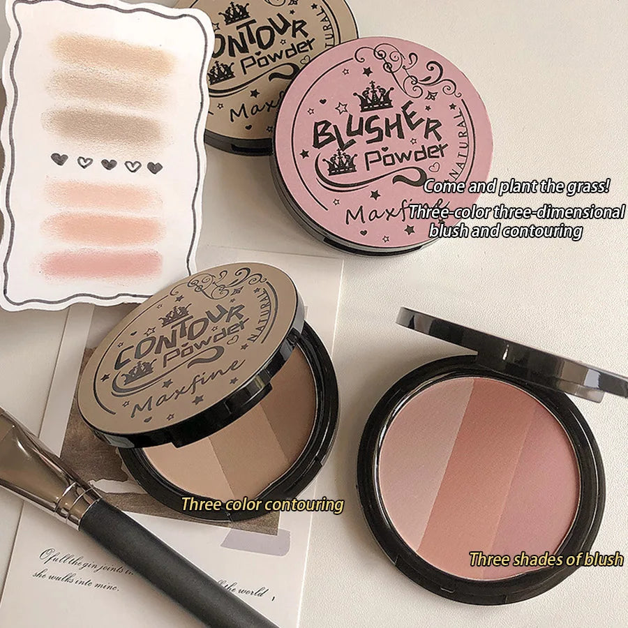 Palette de Blush Trois Couleurs — Délicate, Longue Tenue, Waterproof, Non Décolorante, Palette Intégrée Ombre à Paupières et Blush