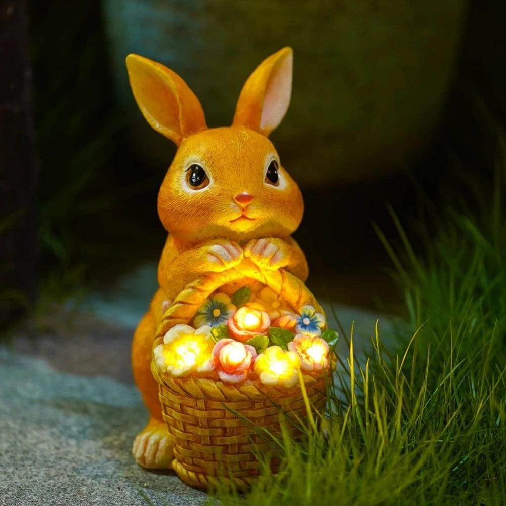Solar Rabbit Garden Statue with LED Light – Bunny & Flower Outdoor Décor