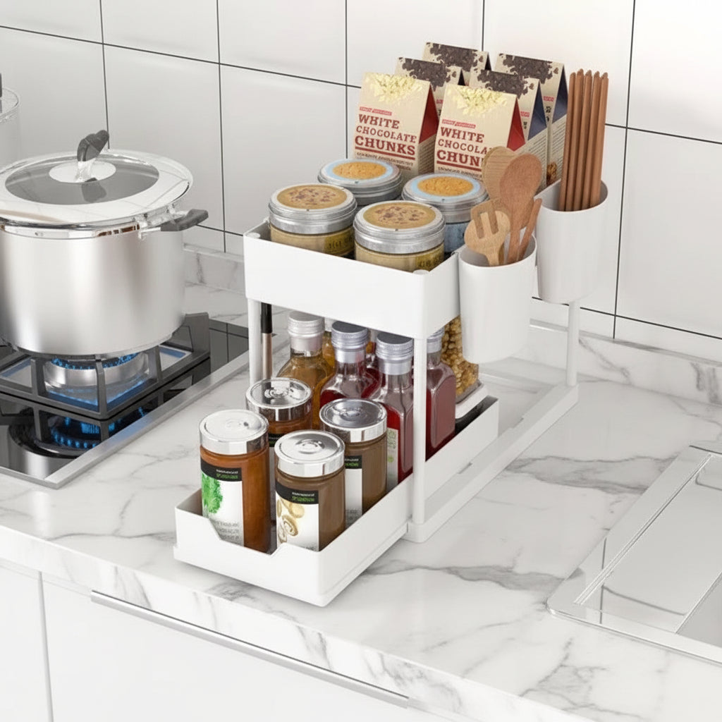 Double-Layer Pull-Out Kitchen Storage Rack – Under Sink Organizer with Hooks