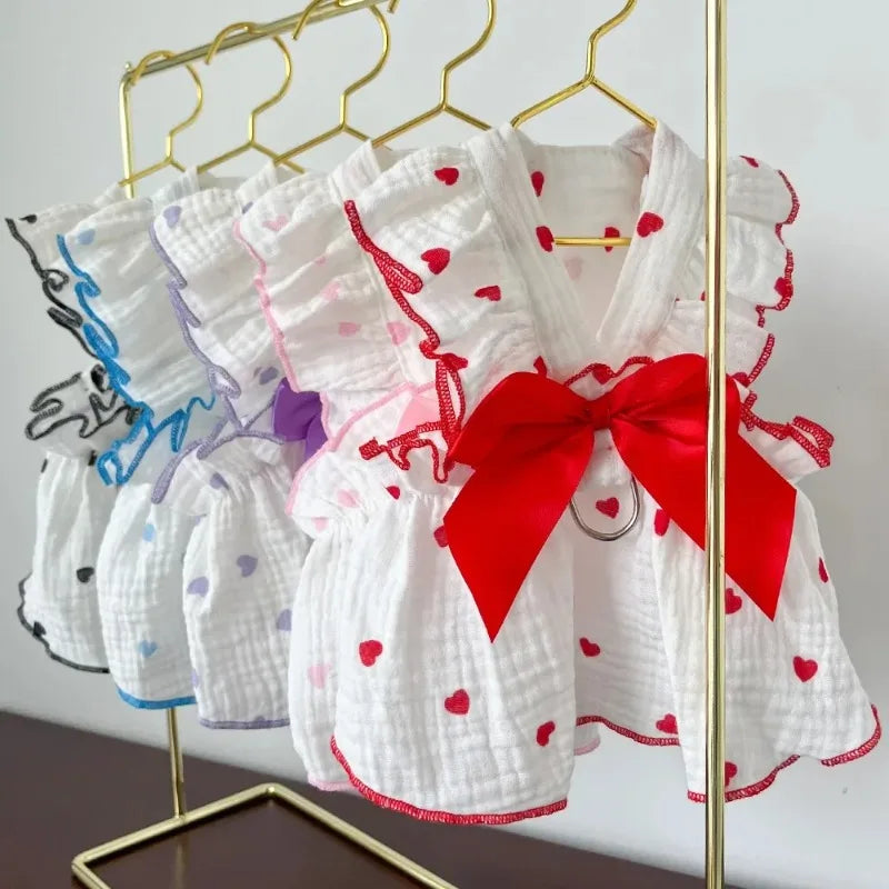 Heart Print Dog Dress with Bow – Cute Summer Princess Outfit for Small Dogs & Cats