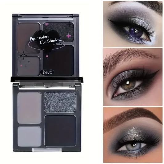 Palette fards à paupières 4 couleurs, mats et nacrés pailletés, smoky punk noir, gris, argent, maquillage Halloween