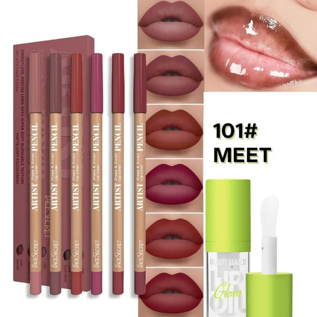 Set 6 Pièces – Crayons à Lèvres Mat Waterproof + Huile/Lip Essence, Effet Repulpant, Teinte et Soin des Lèvres, Gloss