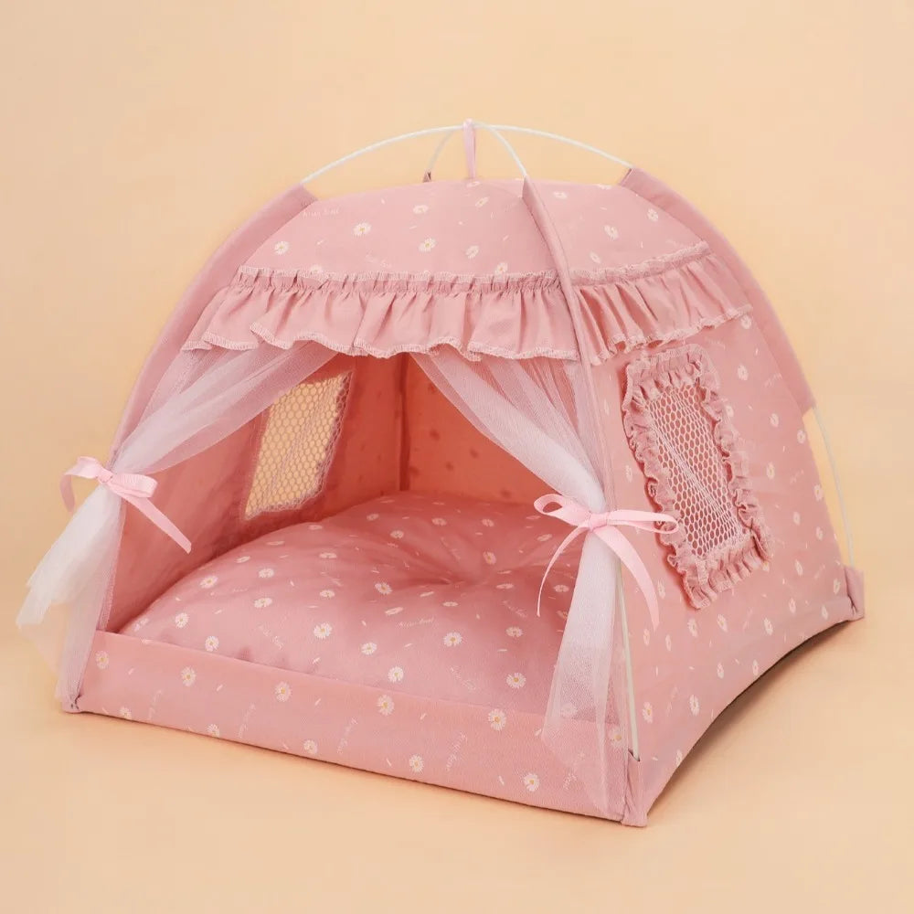 Foldable Princess Pet Bed – Floral Cat & Dog Tent House with Removable Cushion