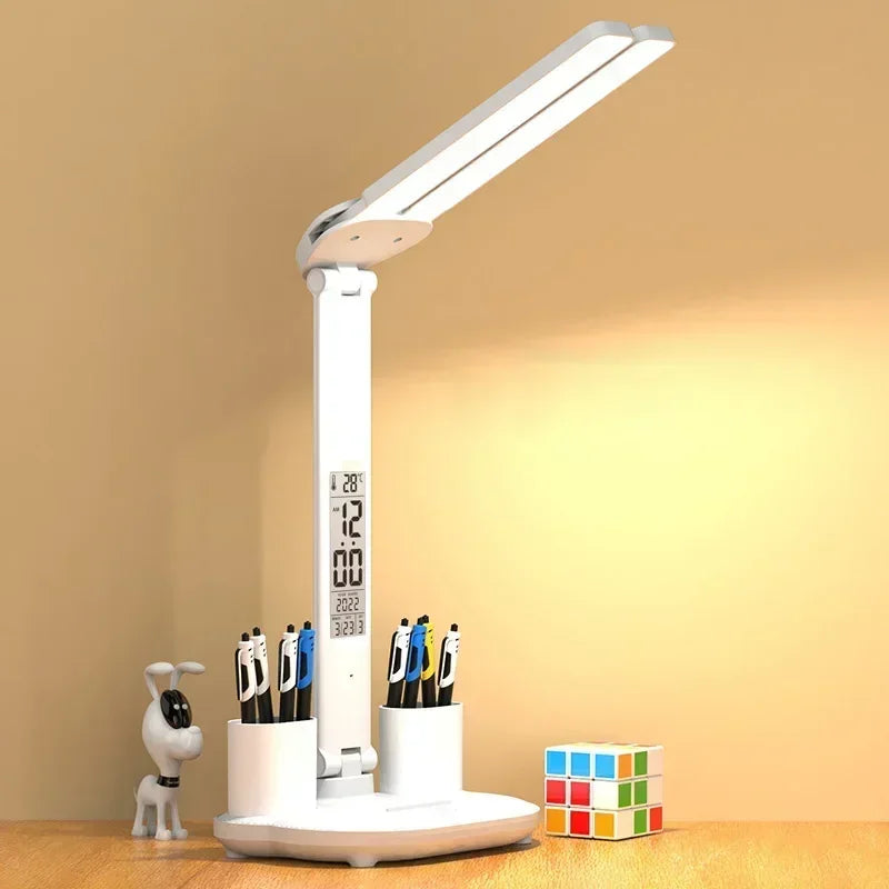 LED Desk Lamp with Clock & Temperature Display – USB Rechargeable Touch Control Reading Light