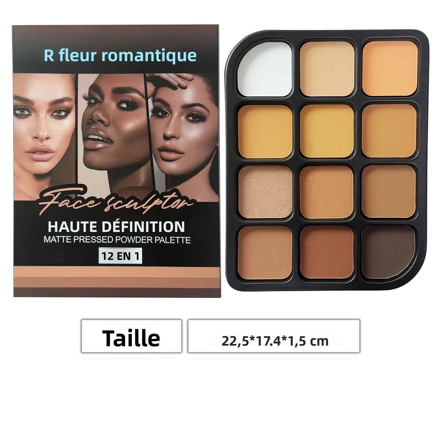 Palette Contour 12 Couleurs – Bronzer & Highlighter Tout-en-Un, Couverture Totale