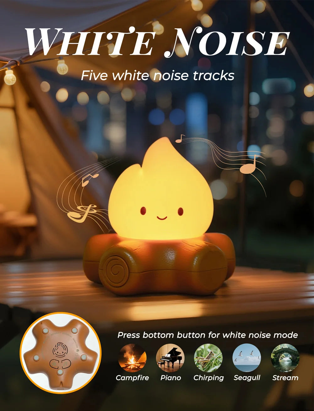 Campfire Night Light with White Noise – Cozy LED Atmosphere Lamp for Kids & Bedroom Decor