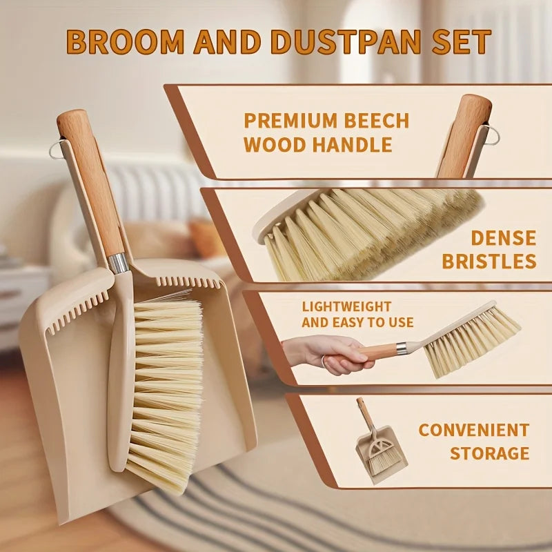 Mini Dustpan & Wooden Handle Broom Set – Small Space Cleaning Tool