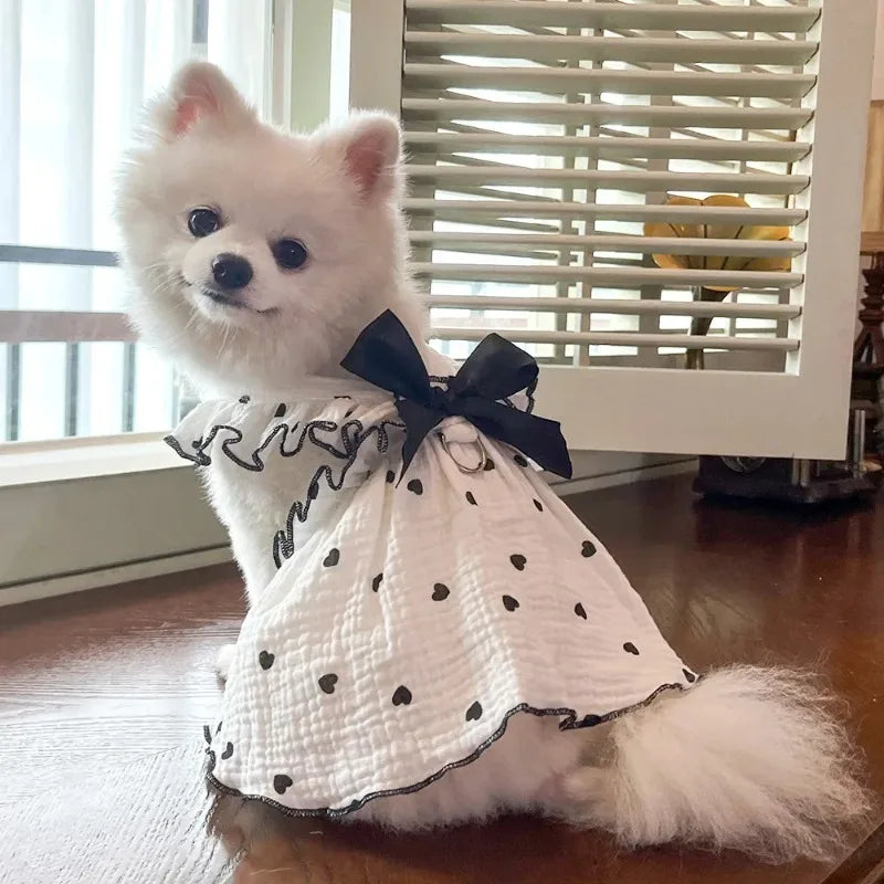 Heart Print Dog Dress with Bow – Cute Summer Princess Outfit for Small Dogs & Cats