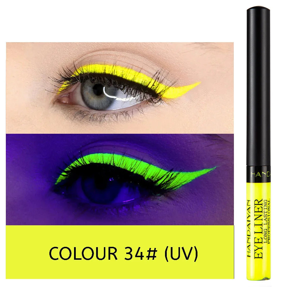 Eyeliner Néon UV — stylo liquide waterproof, fini mat, couleurs vives jaune, rouge et violet, maquillage yeux
