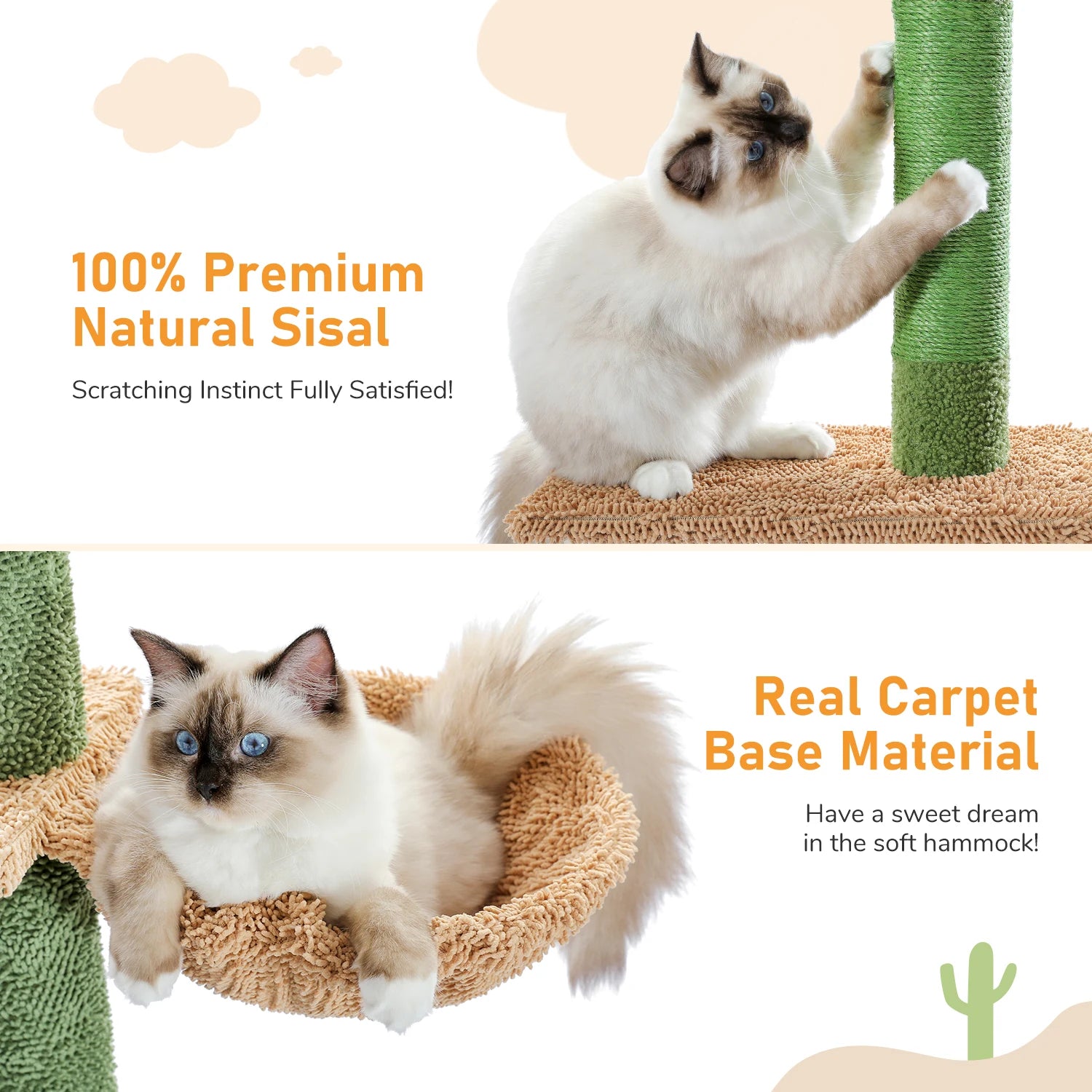 5-Tier Floor-to-Ceiling Cactus Cat Tree – Cat Tower with Hammock & Scratching Posts