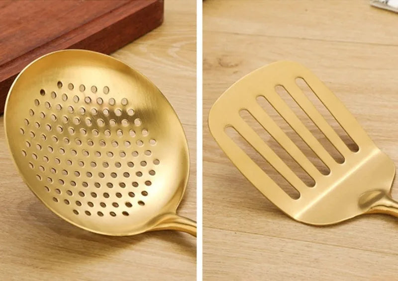 Gold Stainless Steel Soup Spoon Set (1–7 PCS) – Multifunction Noodle, Rice & Hot Pot Serving Spoon