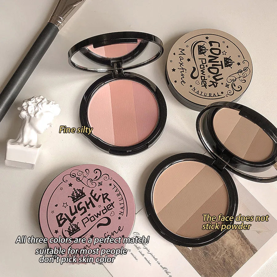 Palette de Blush Trois Couleurs — Délicate, Longue Tenue, Waterproof, Non Décolorante, Palette Intégrée Ombre à Paupières et Blush