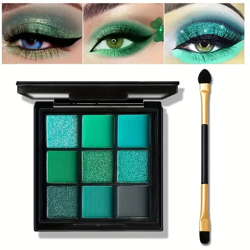 Palette fards à paupières 9 couleurs vertes, pinceau double embout, effets scintillants et naturels, mini palette maquillage yeux