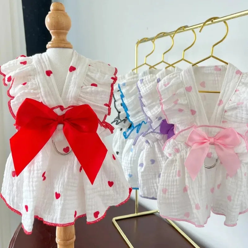 Heart Print Dog Dress with Bow – Cute Summer Princess Outfit for Small Dogs & Cats