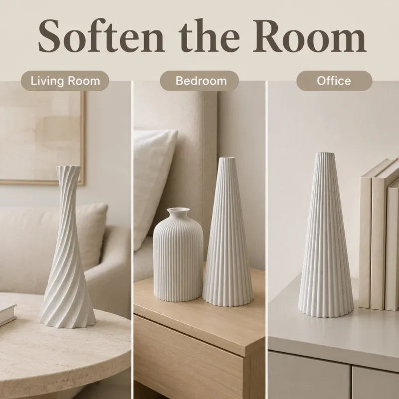 3-Piece Wabi-Sabi Ribbed Vase Set – Matte Off-White Decorative Vases for Home Decor