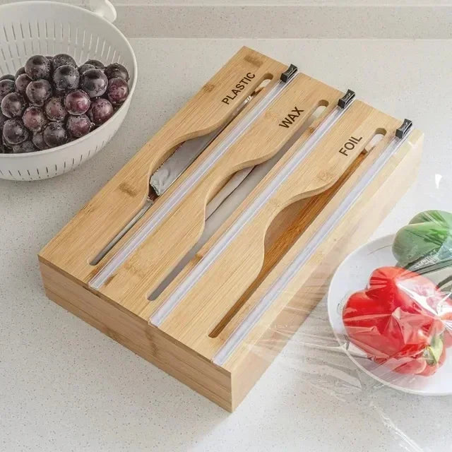 Bamboo Wall Mounted Kitchen Organizer – Cling Film & Foil Cutter Storage Box