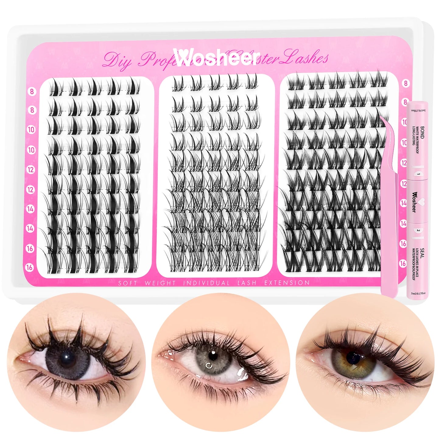 Kit de grappes de cils manga – Cils style Cat Eye avec colle et scellant, plateau mixte – Extensions de cils en grappes