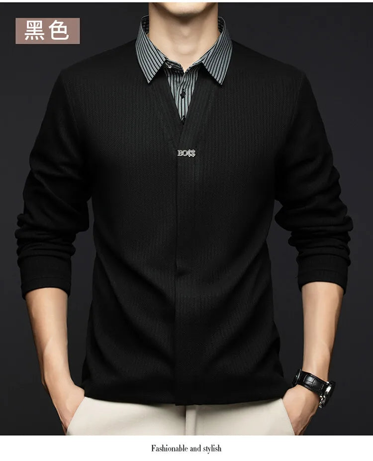 Pull en tricot à manches longues pour hommes, avec col de chemise tissé et chemisier en tricot, T-shirt à col, vêtements pour hommes, automne/hiver