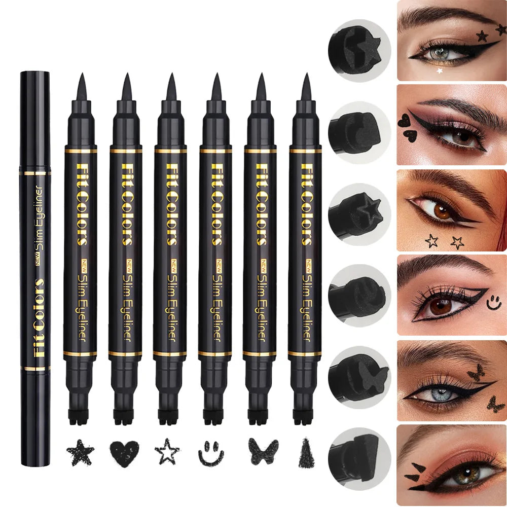 Kit de maquillage anti-bavures pour eyeliner liquide waterproof à séchage rapide (6 pièces) : eyeliner noir double embout avec tampon cœur et étoile.