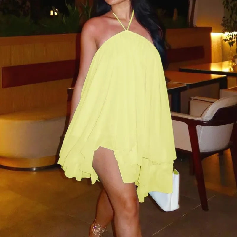 Robe Courte Élégante Femme Été– Robe Halter à Volants, Sans Manches, Dos Nu, Fluide et Décontractée pour Plage & Vacances