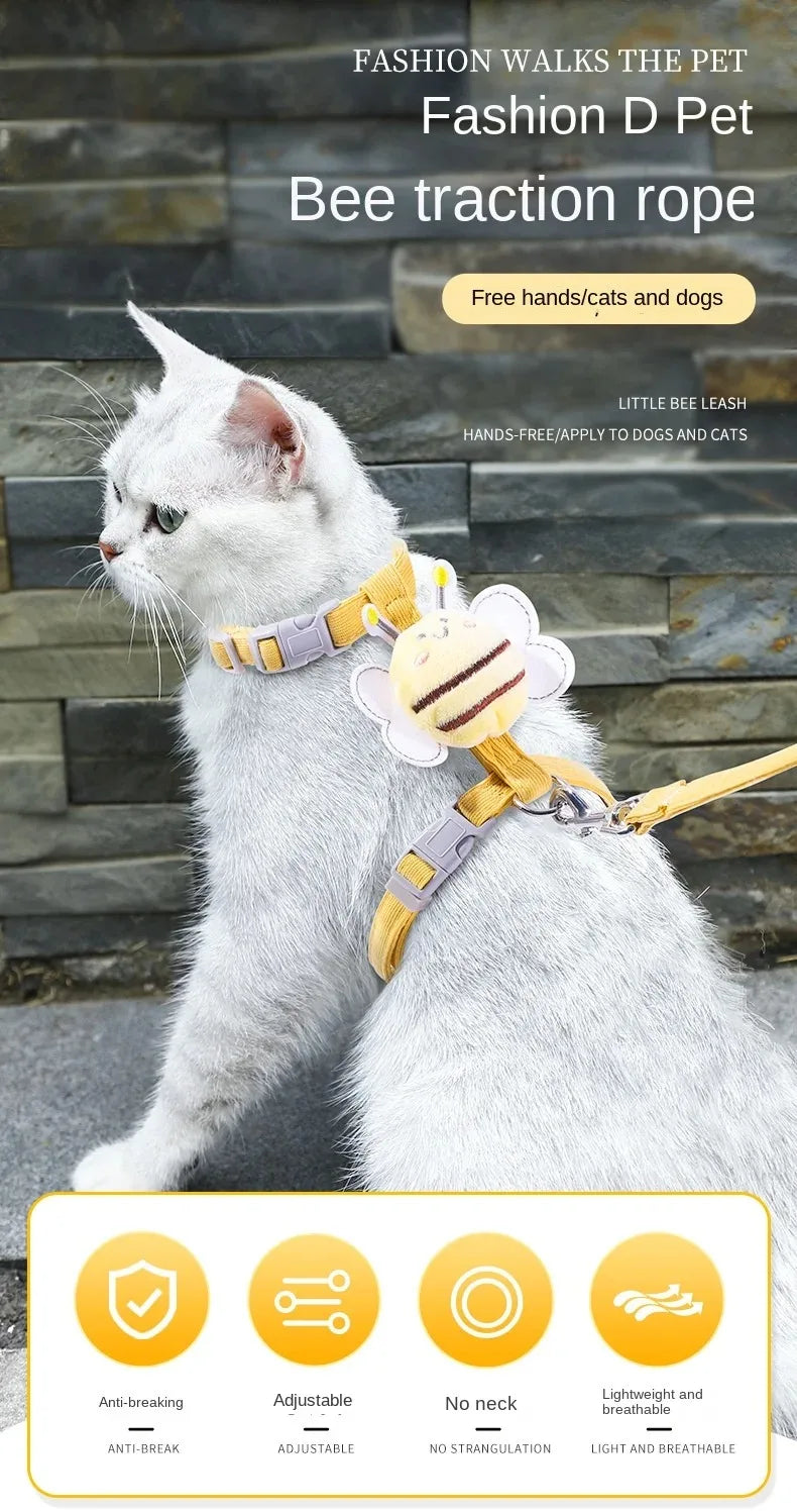Cartoon Bee Pet Harness & Leash Set – Adjustable Vest for Cats & Small Dogs