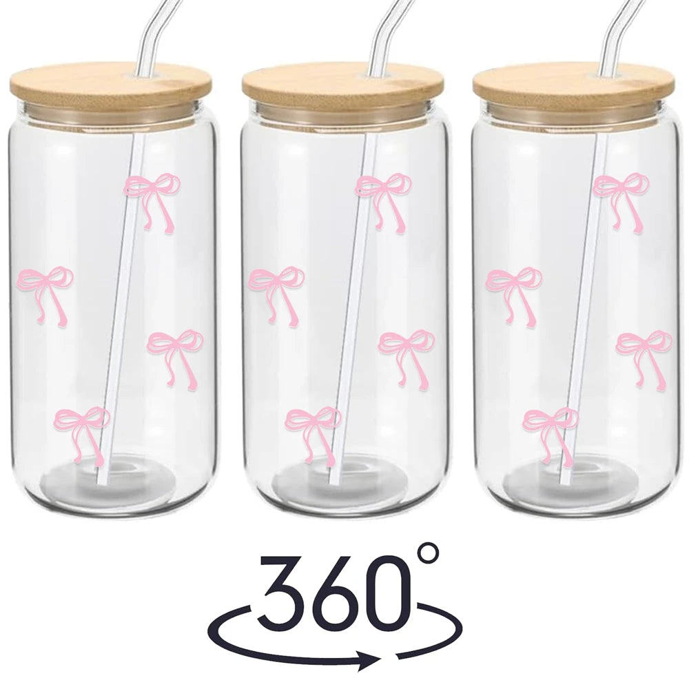 500ml Pink Bow Glass Cup with Lid & Straw – Cute Tumbler for Iced Coffee, Matcha, Juice & Smoothies
