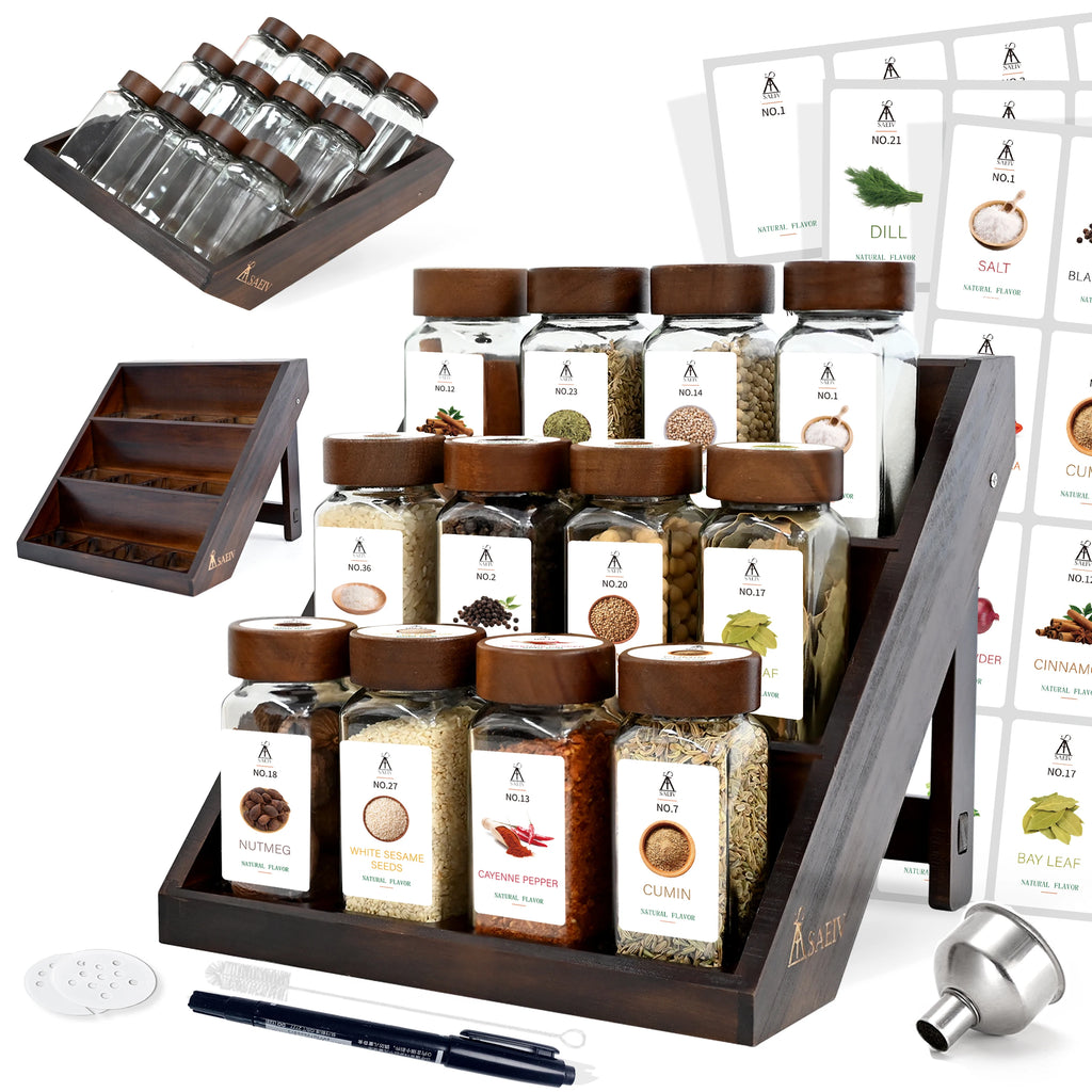 3-Tier Wooden Spice Rack with 12/21 Glass Spice Jars – Kitchen Storage Organizer