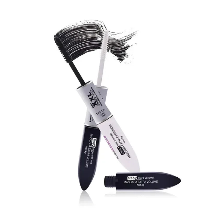 Mascara 2 en 1 4D fibres de soie noir waterproof volume et recourbant double allongeant cils yeux