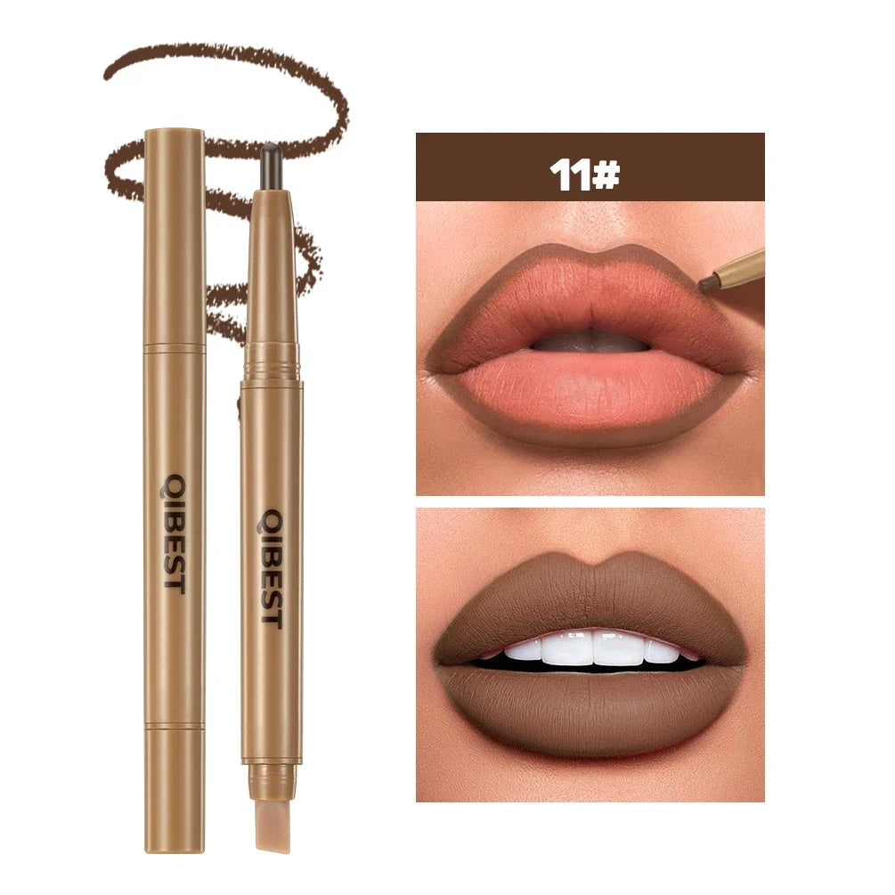 Crayon à Lèvres Double-Embout & Pinceau 2-en-1 – Mat, Contour et Teinte, Longue Tenue, Nude et Noir, Maquillage des Lèvres