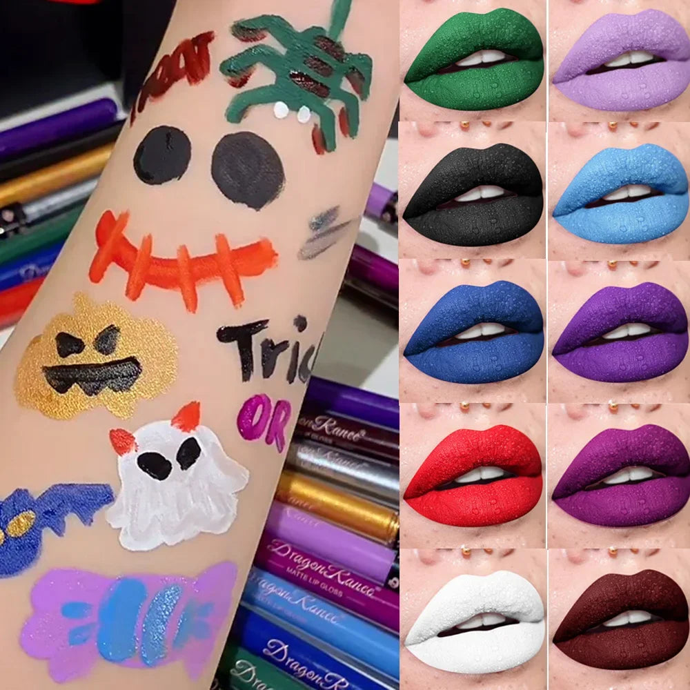 Rouge à lèvres liquide Halloween – Waterproof et facile à appliquer | Teintes sexy rouge, vampire, blanc et noir | Finition mate et gloss | Idéal pour maquillage du visage et body painting