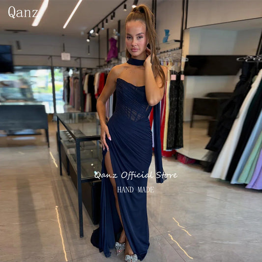 Qanz Nave bleu Robes De Soirée sirène haute fente latérale en mousseline De soie Robes De Soirée dos nu Corset élégant fête femmes personnalisé